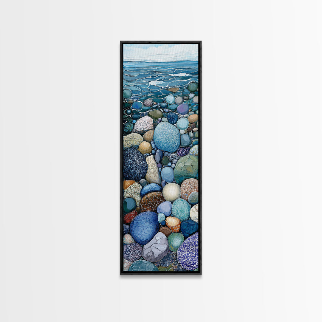 Pebble Beach, mosaic wall art, coastal decor, nautical painting, blue and green wall art, extra wide art, Canvas Print, above sofa art