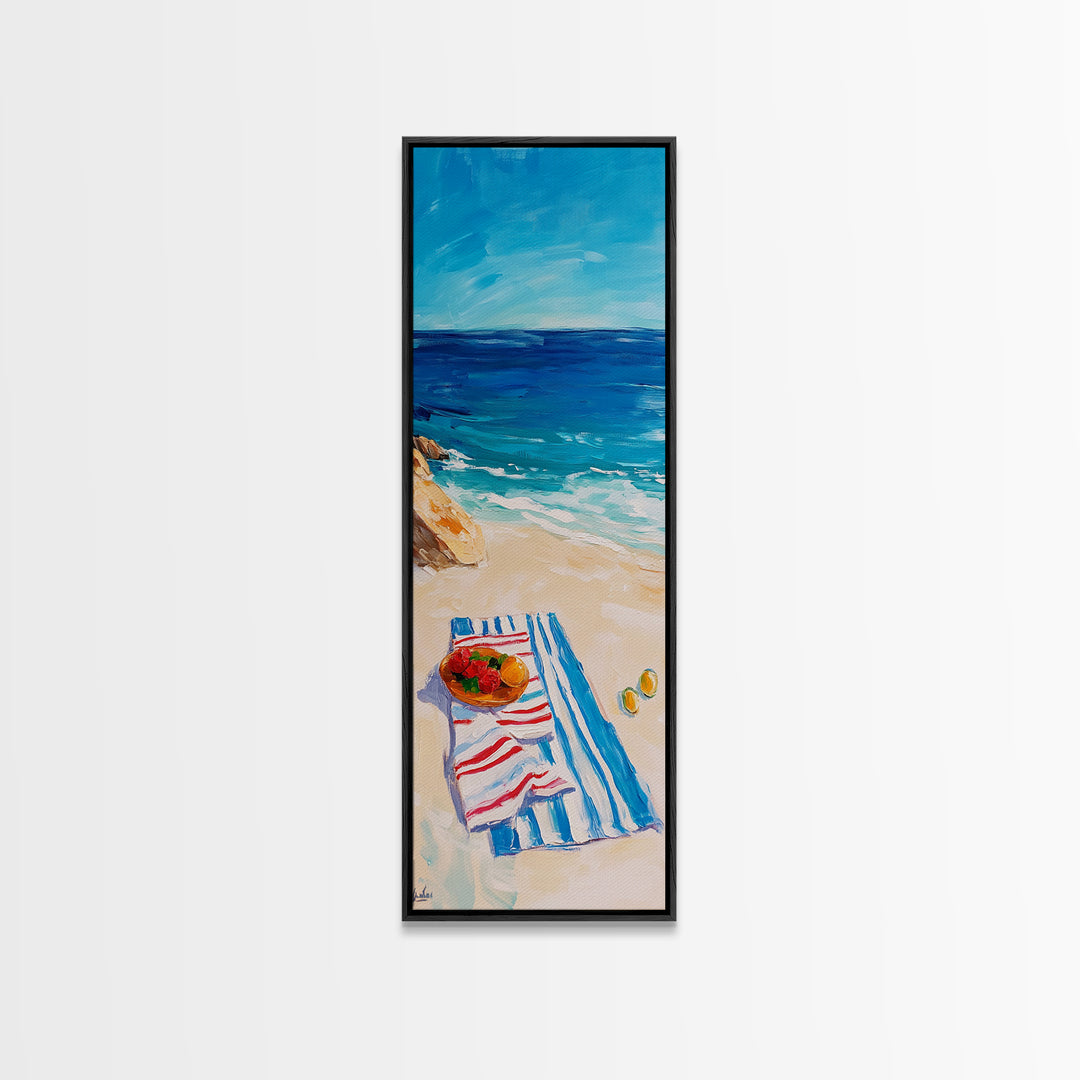 Seaside Picnic, Summer Vibes, Coastal Painting, Nautical Decor, Beach House Art, Food Review Kitchen Art, Framed Canvas Print