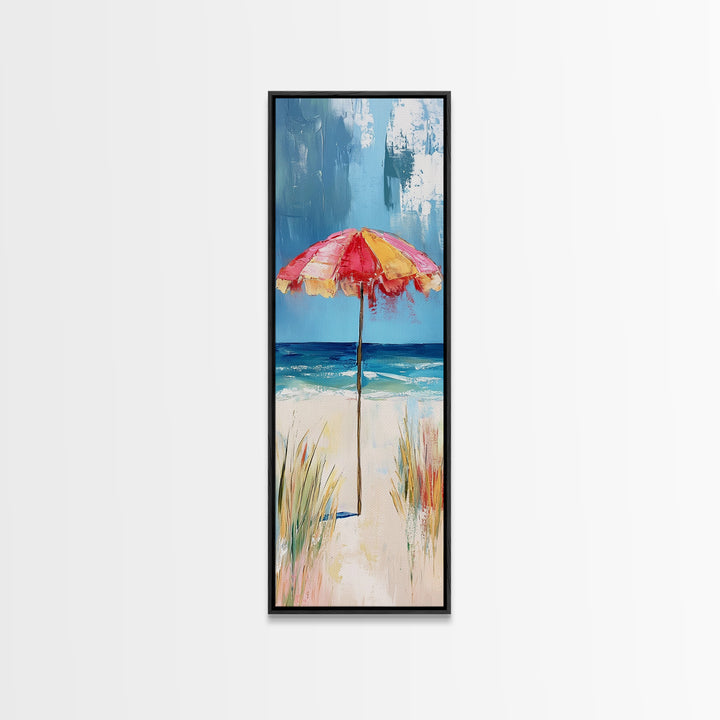 Beach Umbrella, Ocean Breeze, Coastal Decor, Surf Wall Art, Nautical Painting, Coastal Wall Art, Framed Canvas Print, Tall Skinny Art