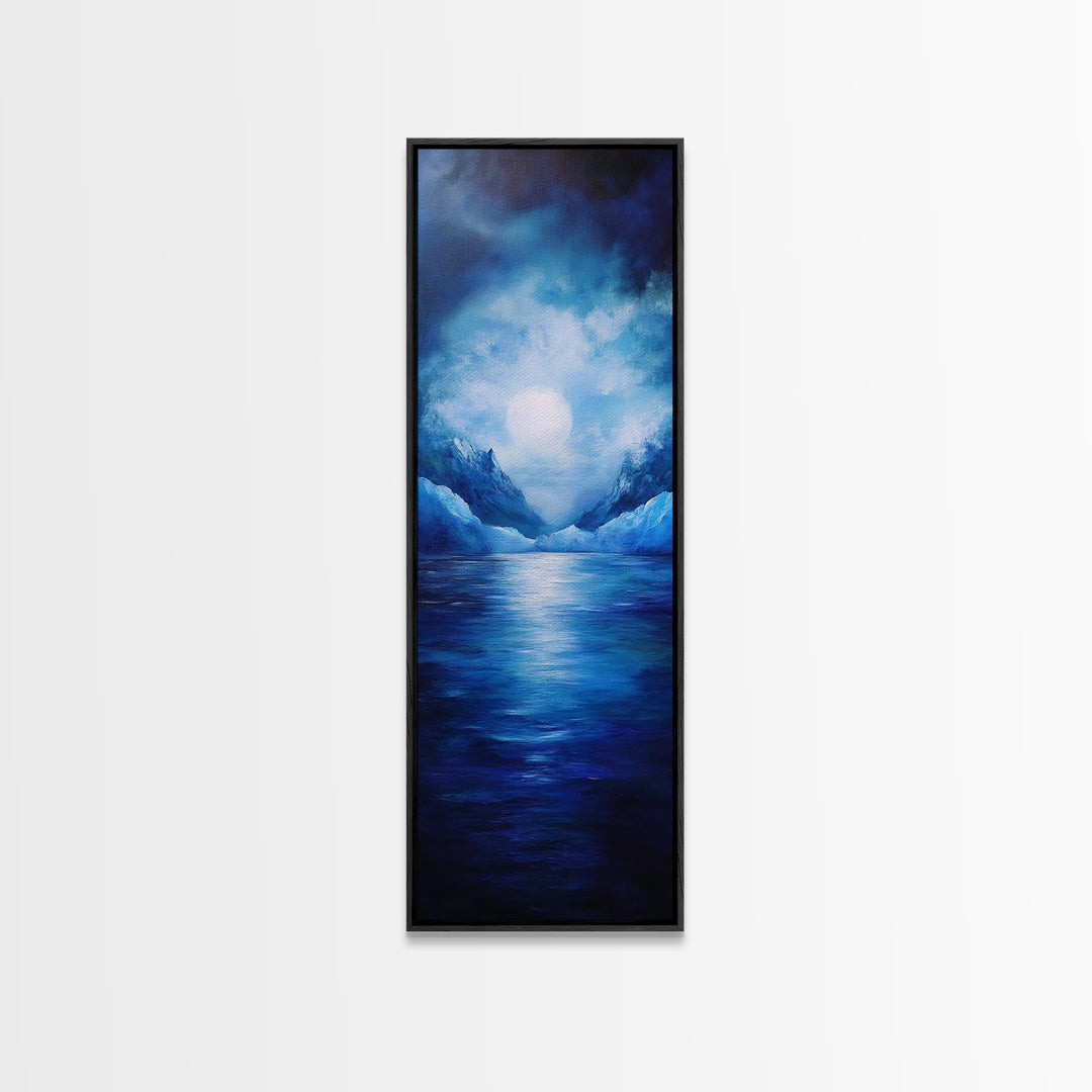 Moonlit Lake, Mountain Painting, Moody Art, Coastal Landscape, Nautical Wall Art, Christmas, Framed Canvas Print
