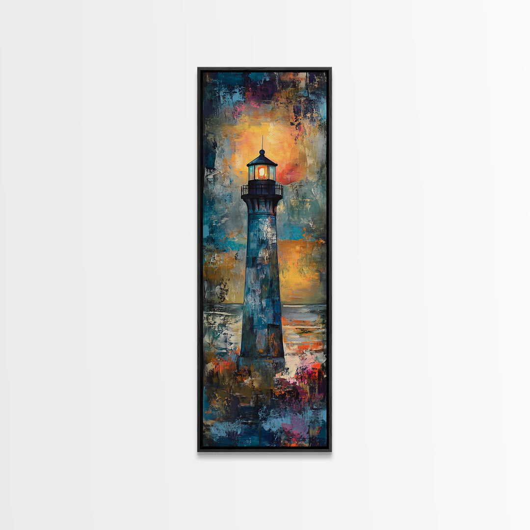 Lighthouse Glow, Moody Seascape, Nautical Painting, Coastal Decor, Sunset Wall Art, Framed Canvas Print, Bedroom Art