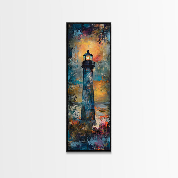 Lighthouse Glow, Moody Seascape, Nautical Painting, Coastal Decor, Sunset Wall Art, Framed Canvas Print, Bedroom Art