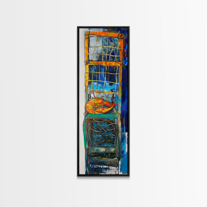 Crayfish painting, nautical wall art, rustic art, kitchen decor, fisherman painting, blue and orange, framed canvas print, gift idea