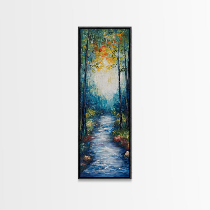 Autumn Forest Path, forest at dusk painting, birch tree painting, moody art, landscape painting, vertical wall art, Canvas Print