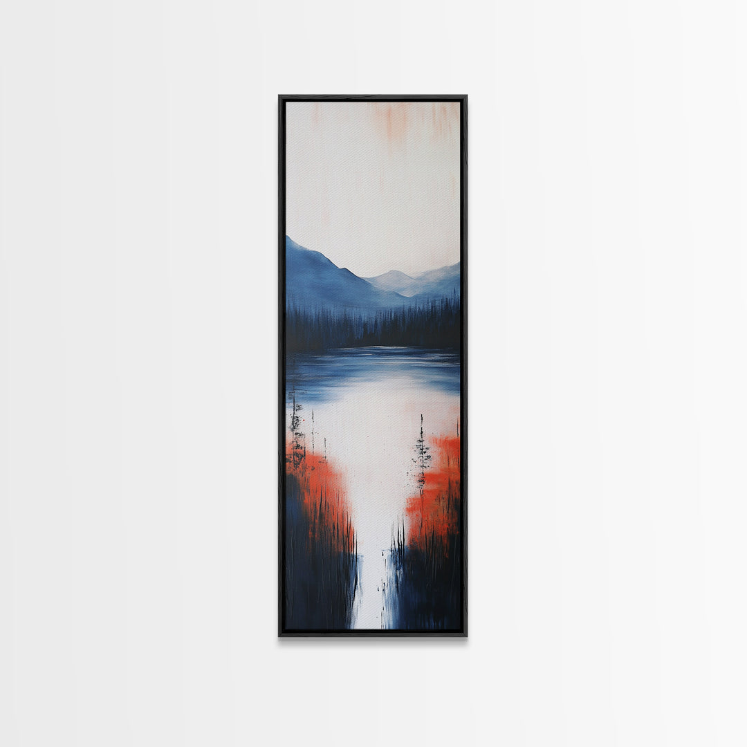 Misty Lake, smoky mountain art, landscape painting, wabi sabi wall art, moody art, blue and green wall art, Framed Canvas Print