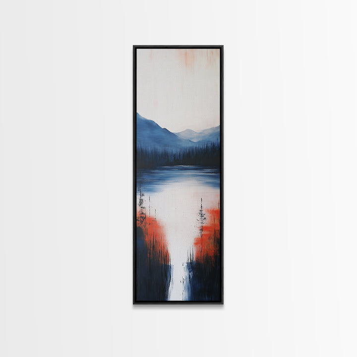 Misty Lake, smoky mountain art, landscape painting, wabi sabi wall art, moody art, blue and green wall art, Framed Canvas Print