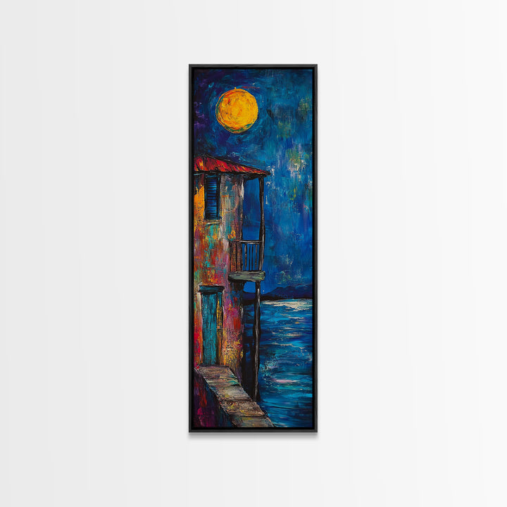 Moonlit Balcony, dark romance painting, moody art, boho art, textured painting, Framed Canvas Print, vertical wall art