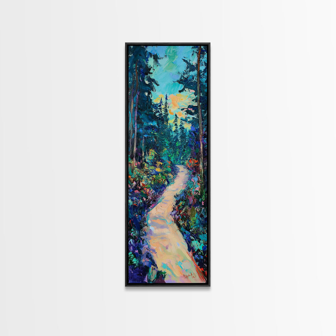 Abstract Forest Path, moody art, landscape painting, wildflower painting, pine tree art, framed canvas print, vertical wall art