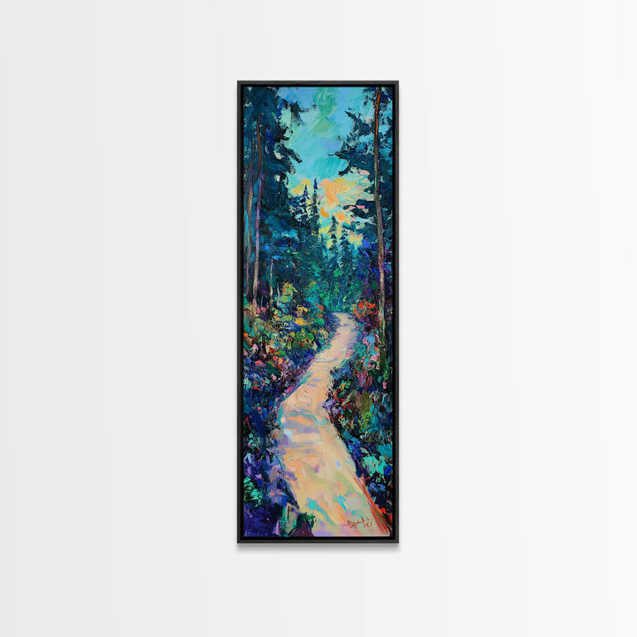 Abstract Forest Path, moody art, landscape painting, wildflower painting, pine tree art, framed canvas print, vertical wall art