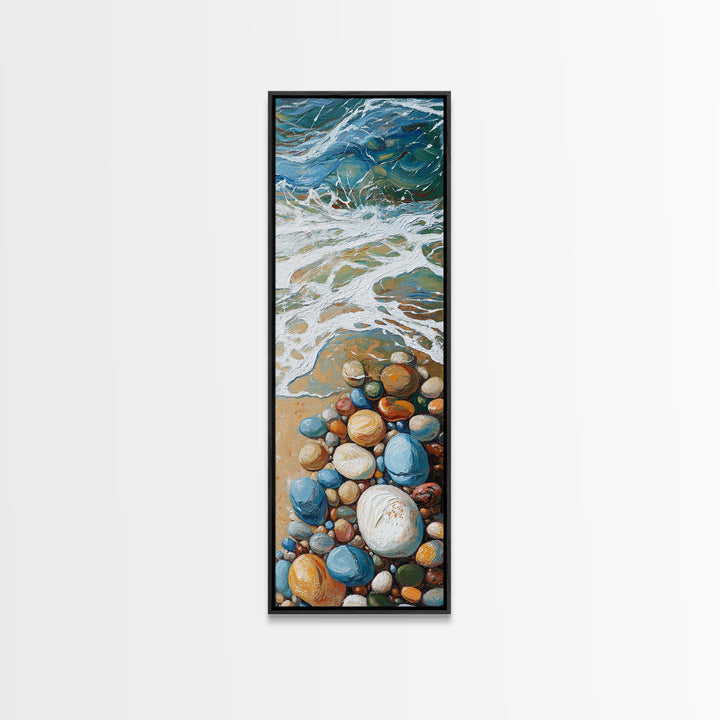 Pebble Beach Art, coastal painting, framed canvas print, beach house decor, nautical wall art, blue and green wall art