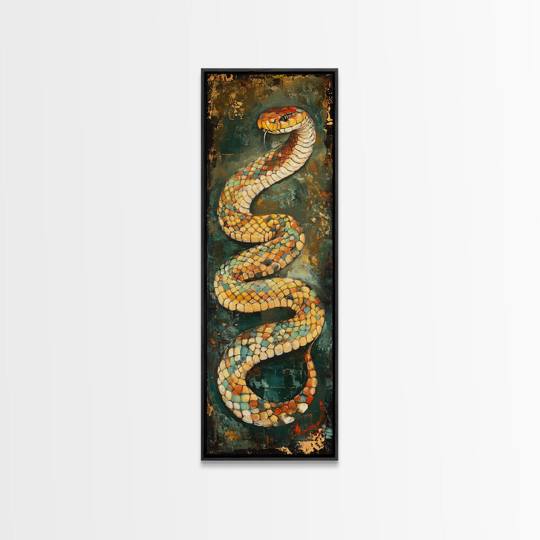 Coiled Snake, Wildlife Painting, Moody Art, Rustic Decor, Extra Wide Art, Above Sofa Art, Living Room Art, Framed Canvas Print