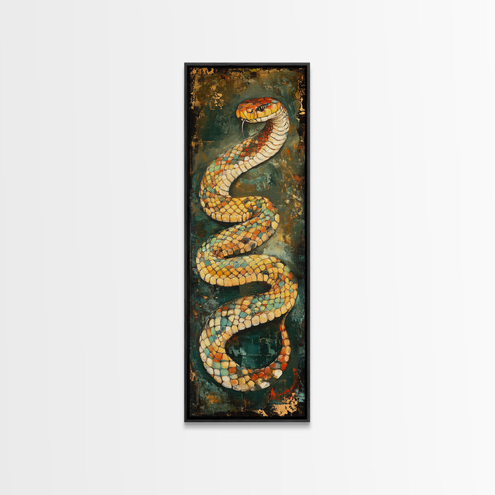 Coiled Snake, Wildlife Painting, Moody Art, Rustic Decor, Extra Wide Art, Above Sofa Art, Living Room Art, Framed Canvas Print