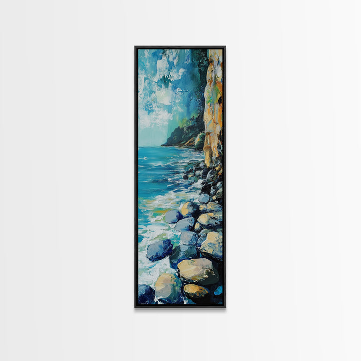 Rocky Shoreline, coastal landscape art, nautical decor, framed canvas print, lake Tahoe art, extra wide art, ocean painting