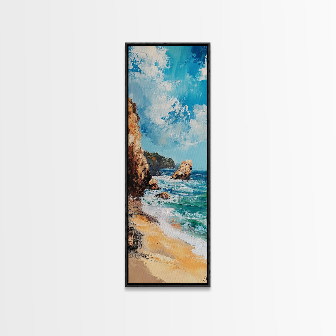 Coastal Beach, Ocean Waves, Rocky Shore, Framed Canvas Print, coastal decor, nautical wall art, seascape painting, rustic art
