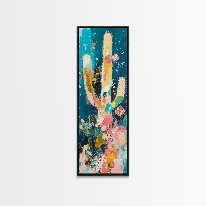 Colorful cactus, southwest wall art, agave painting, botanical prints, framed canvas print, tall narrow art, vertical wall art