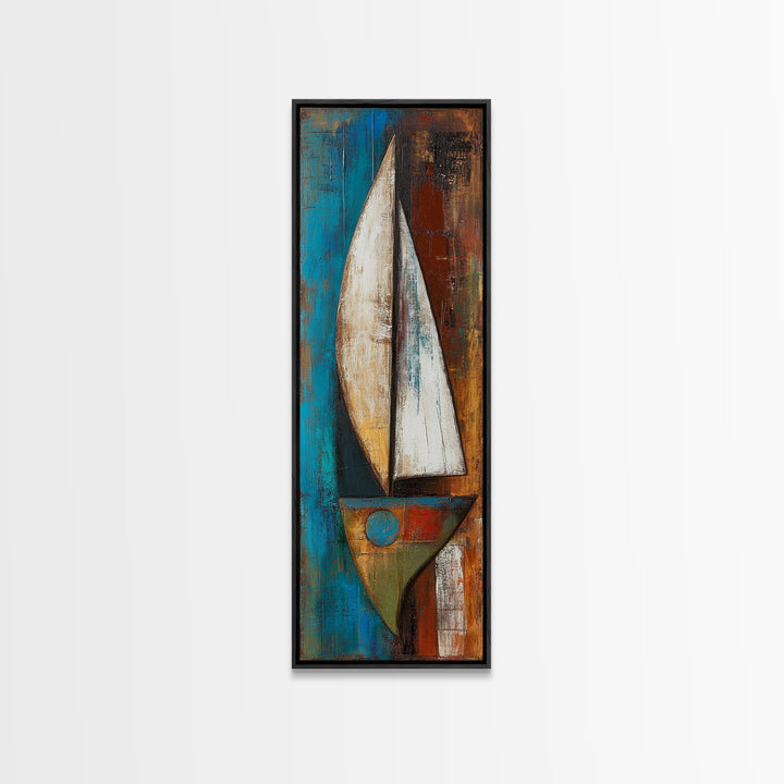 Abstract sailboat, nautical painting, long narrow wall art, framed canvas print, rustic art, extra wide art, blue and green wall art
