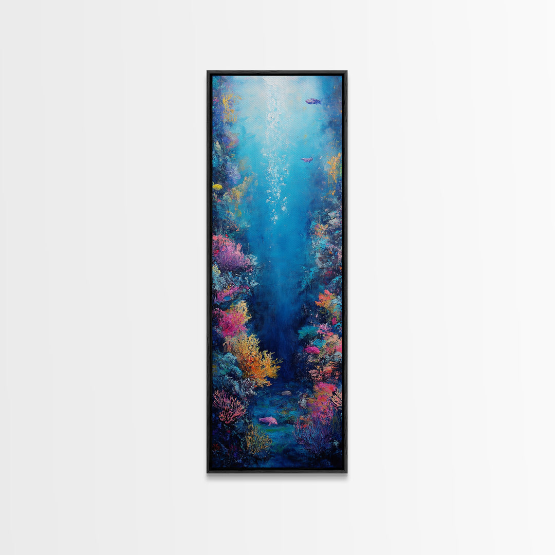 Deep Sea Coral, dolphin painting, ocean wall art, marine life art, framed canvas print, nautical decor, blue and green wall art