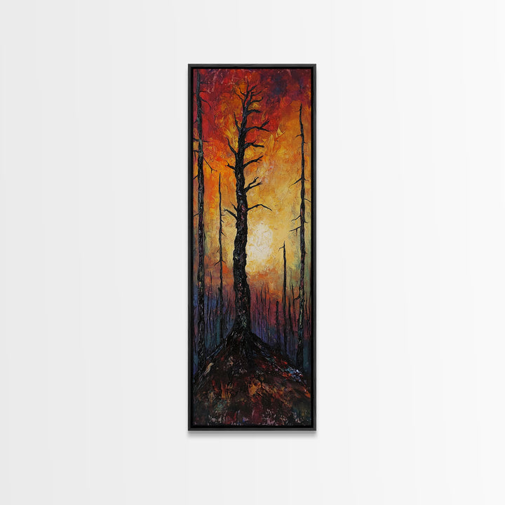 Burnt forest, pine tree art, moody wall art, forest at dusk painting, dark romance painting, autumn art, framed canvas print