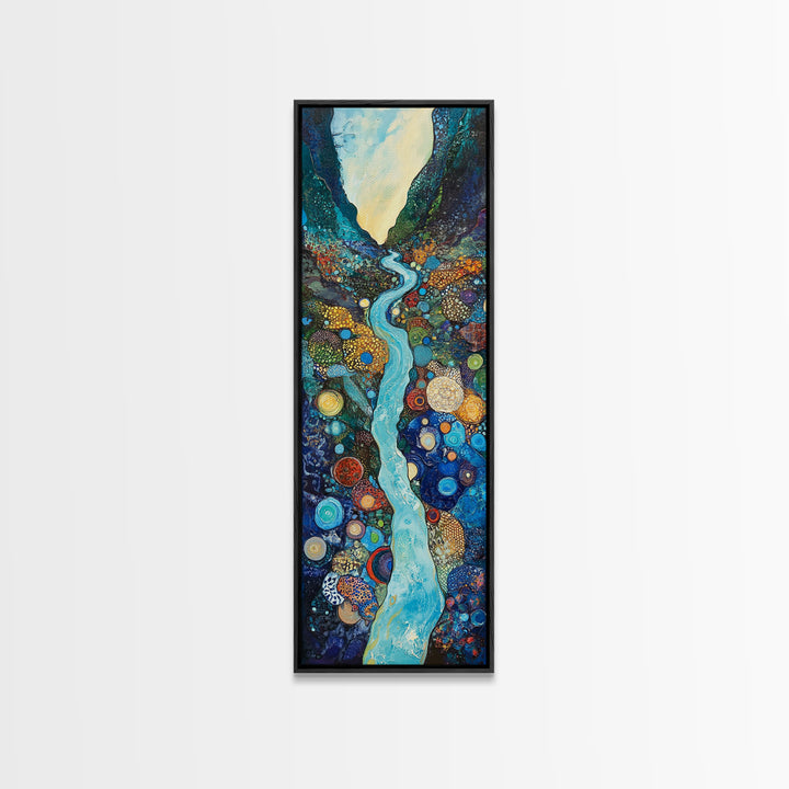 Abstract River, mosaic wall art, blue and green wall art, geometric wall art, whimsical art, framed canvas print, tall narrow art