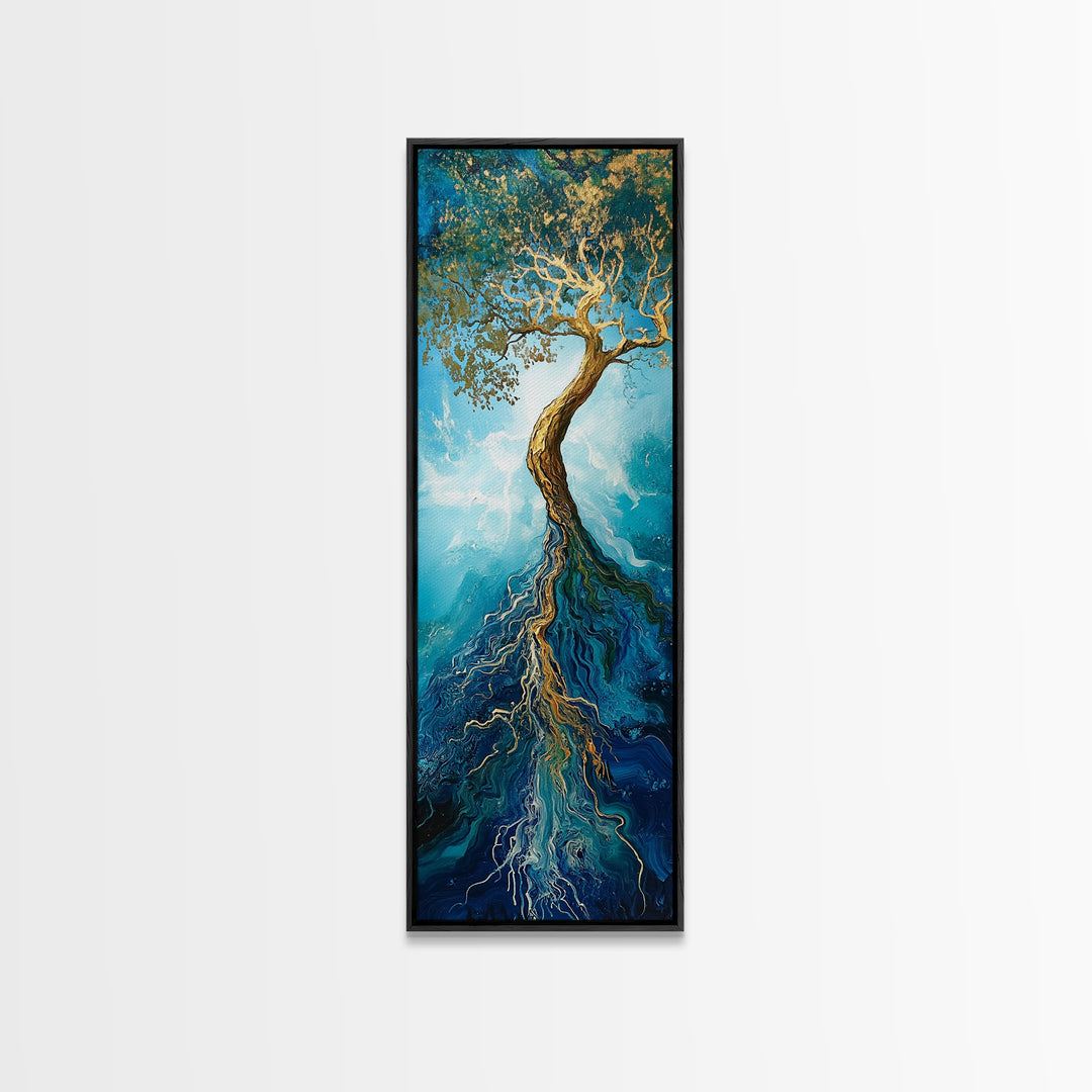 Rooted Tree, oak tree art, blue and green wall art, sacred geometry wall art, mystical art, framed canvas print, vertical wall art