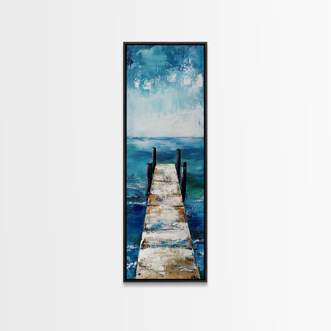 Dock on Water, Coastal Landscape Art, Nautical Wall Art, Seascape Painting, Rustic Decor, Tall Narrow Art, Canvas Print