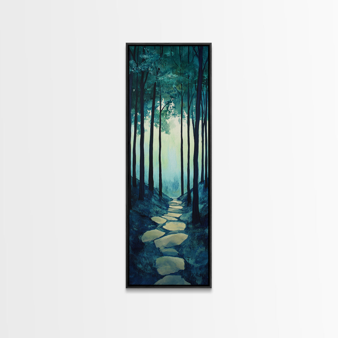 Forest Path, pine tree art, wabi sabi wall art, rustic decor, landscape painting, tall narrow art, green wall art, canvas print