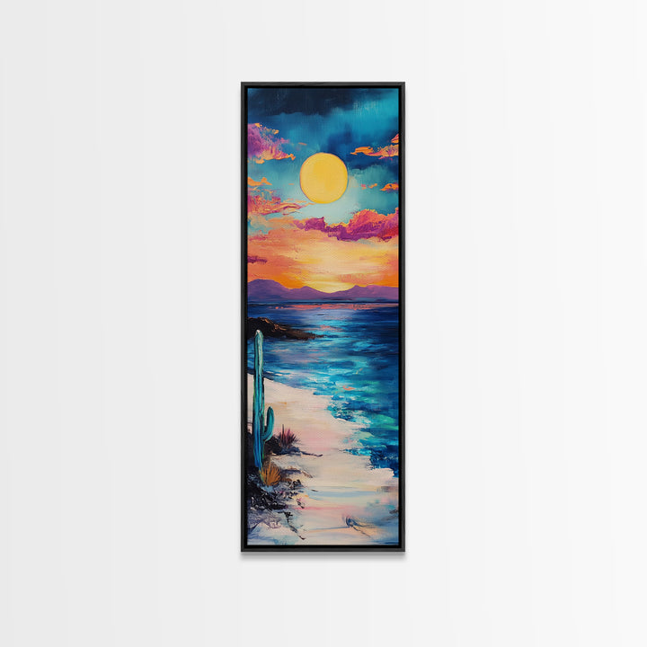 Desert Sunset, cactus painting, southwest wall art, coastal landscape art, framed canvas print, panoramic art
