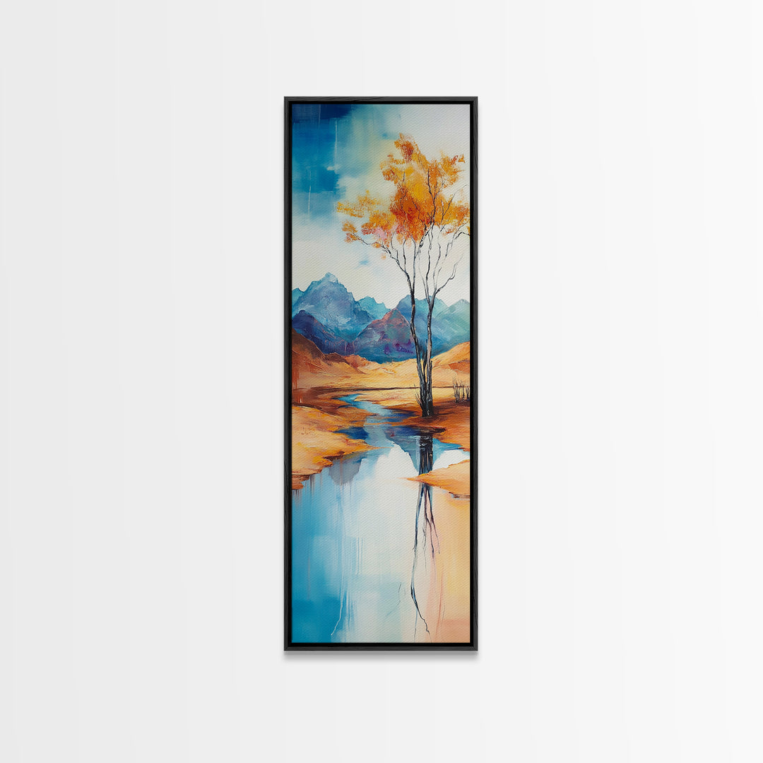 Autumn Reflections, landscape painting, birch tree art, above bed wall art, rustic wall art, framed canvas print, tall narrow art