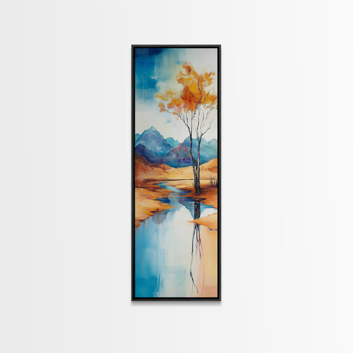 Autumn Reflections, landscape painting, birch tree art, above bed wall art, rustic wall art, framed canvas print, tall narrow art