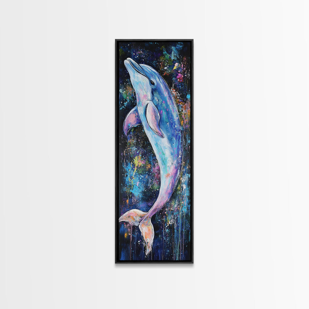 Cosmic dolphin, dolphin painting, ocean wall art, nautical painting, whimsical art, blue and green wall art, framed canvas print