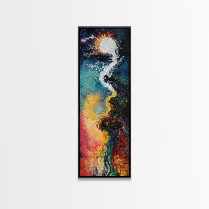 Cosmic Flow, abstract art, sacred geometry wall art, framed canvas print, moody art, vibrant colors, contemporary art, vertical wall art