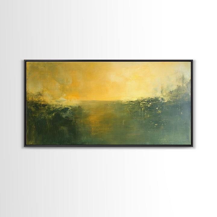Abstract Landscape, Moody Art, Horizon Painting, Green Wall Art, Extra Wide Art, Panoramic Art, Framed Canvas Print, Living Room Art
