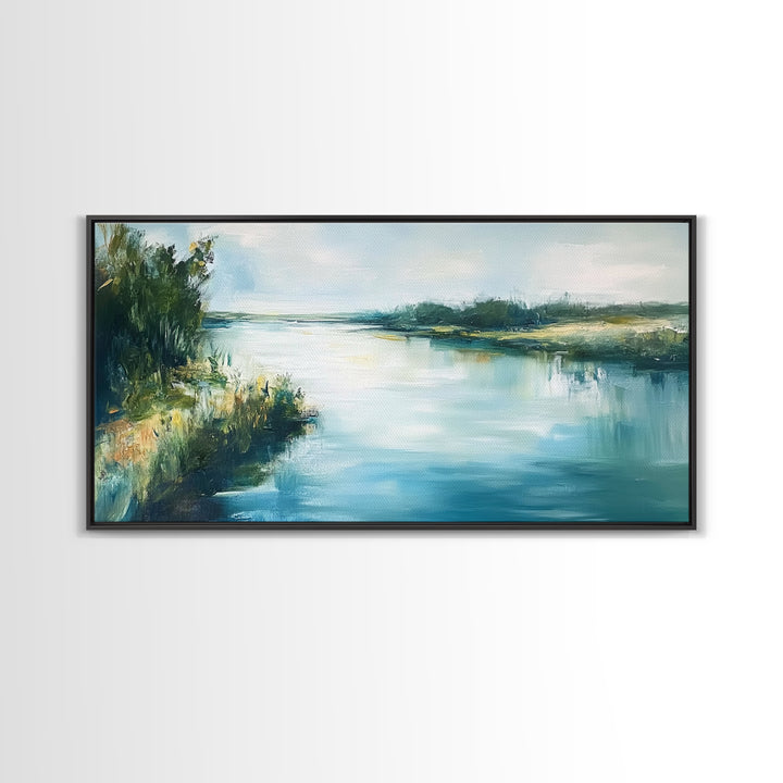 River Reflection, landscape painting, rustic wall art, sage green wall art, farmhouse art, coastal art, extra wide art, Canvas Print