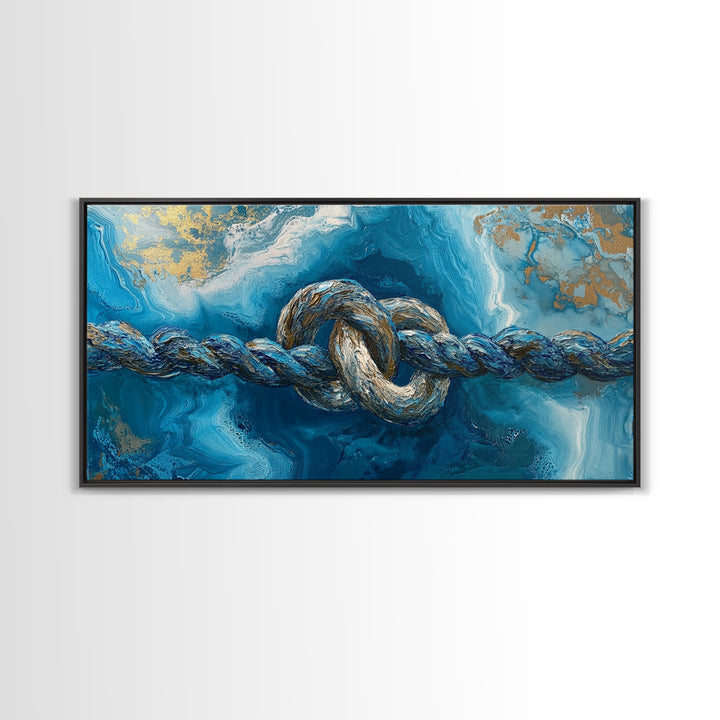 Ocean Rope, nautical decor, blue and gold wall art, coastal painting, seascape painting, horizontal wall art, Framed Canvas Print