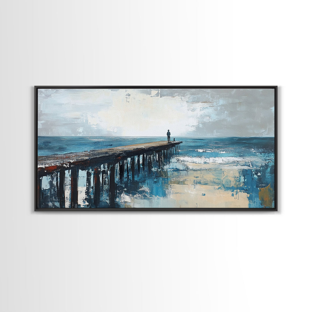 Pier at Dusk, moody art, coastal wall art, ocean painting, nautical painting, wabi sabi art, panoramic art, Canvas Print, seascape