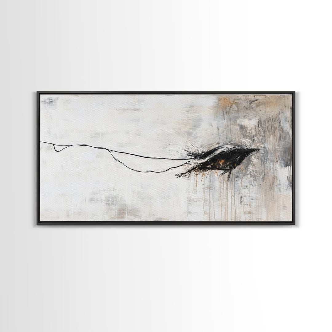 Abstract Crow, dark romance painting, gothic decor, minimalist art, moody art, black and white wall art, Canvas Print, wabi sabi art
