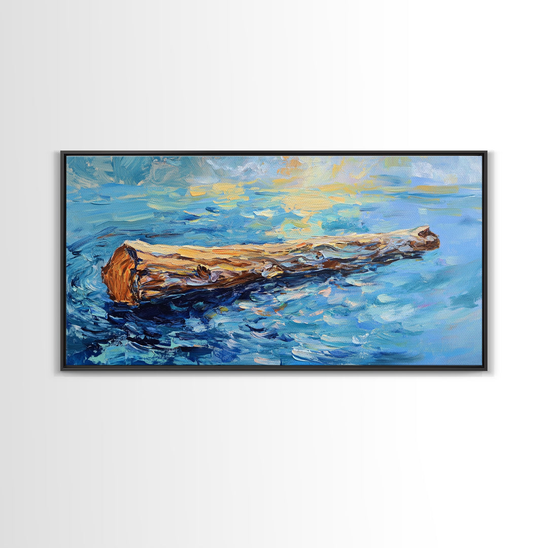 Drifting Log, rustic art, coastal painting, seascape painting, panoramic art, landscape painting, Framed Canvas Print,