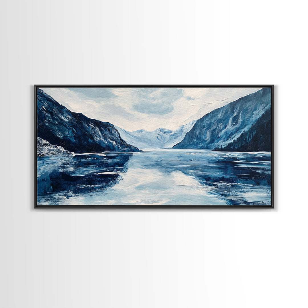 Blue and White Fjord, Lake Tahoe Art, Coastal Landscape Art, Extra Wide Art, Framed Canvas Print, Minimalist Art, Nautical Decor