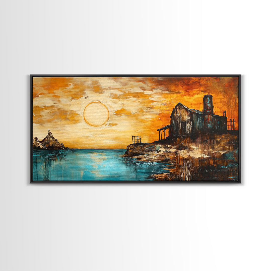 Rustic Barn, sunset painting, farmhouse art, rustic wall art, panoramic painting, framed canvas print, southwest wall art