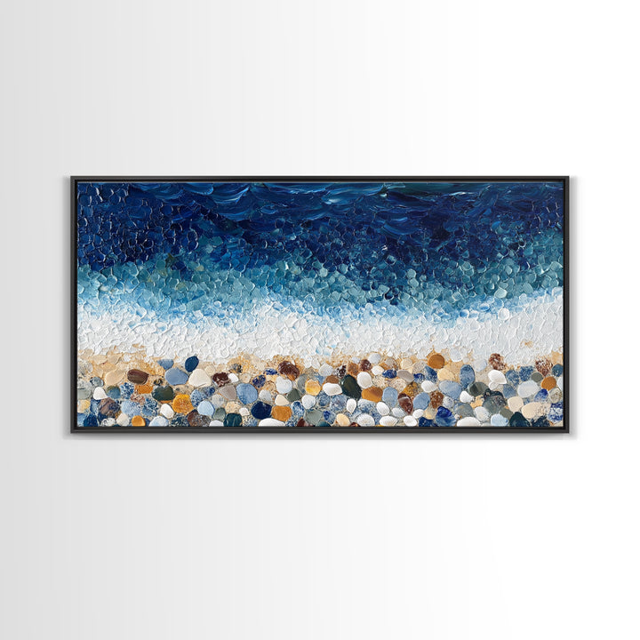 Pebble Beach, mosaic wall art, coastal decor, ocean painting, nautical decor, panoramic painting, framed canvas print