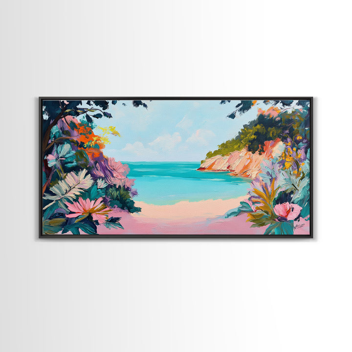 Tropical Beach, coastal wall art, Hawaii art, pink orange wall art, extra wide art, panoramic painting, framed canvas print