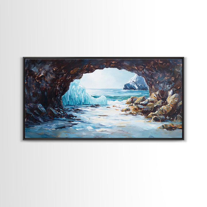 Coastal Ice Cave, Canvas Print, seascape painting, nautical decor, blue and green wall art, landscape painting, extra wide art