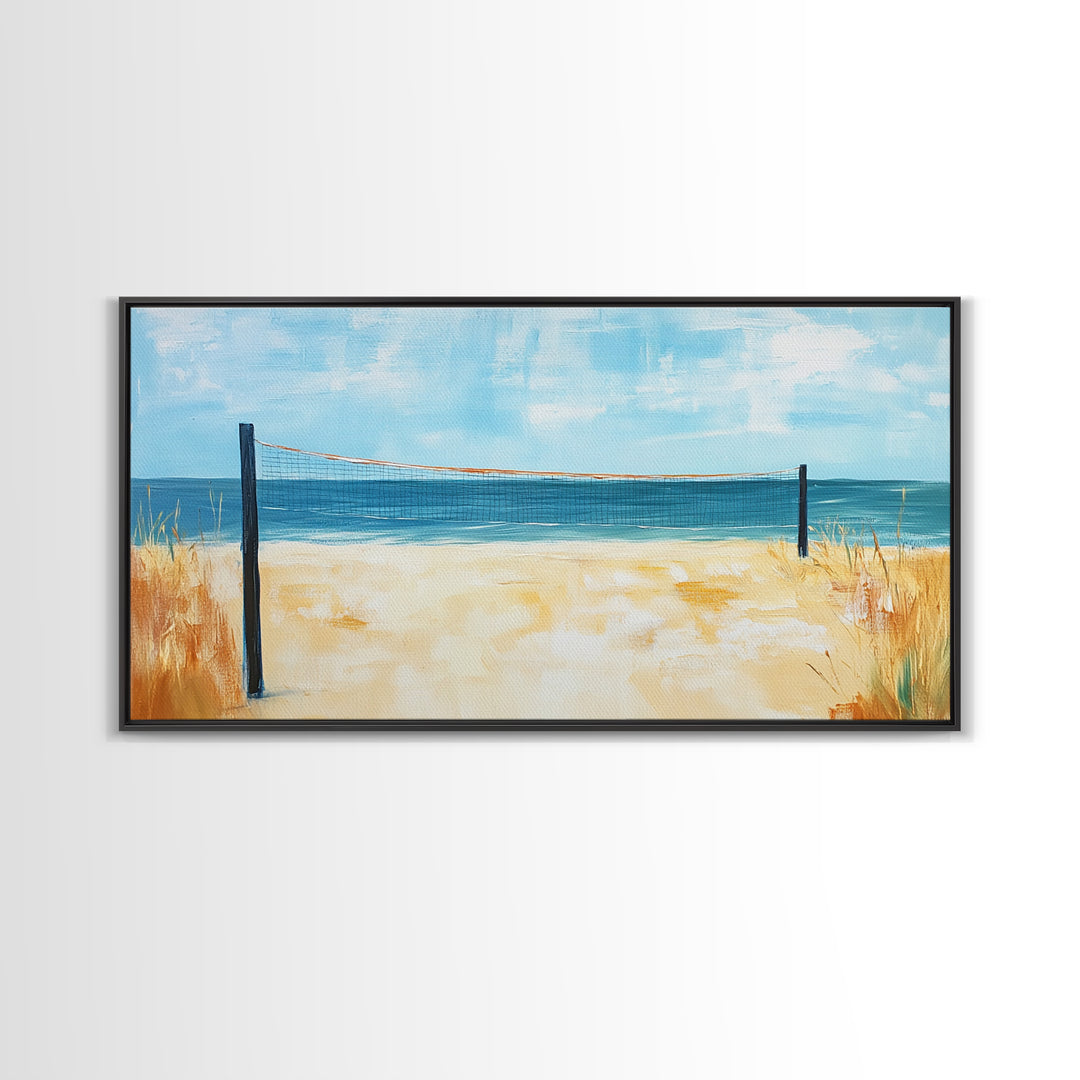 Beach Volleyball, Coastal Wall Art, Nautical Decor, Seascape Painting, Ocean Painting, Framed Canvas Print, Extra Wide Art, Boho Art