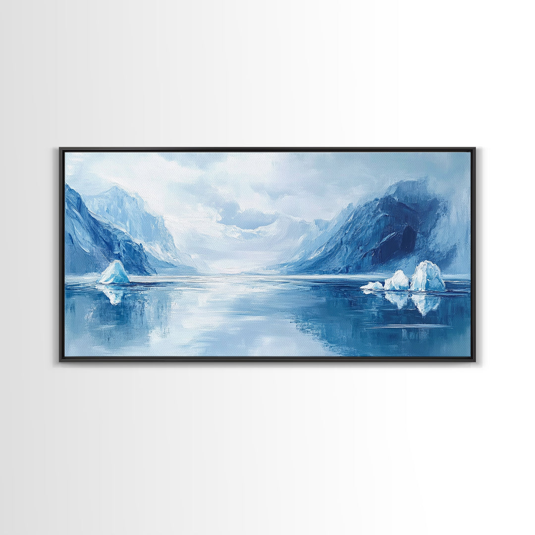 Arctic Reflections, Canvas Print, landscape painting, nautical painting, blue and green wall art, extra wide art, minimalist art