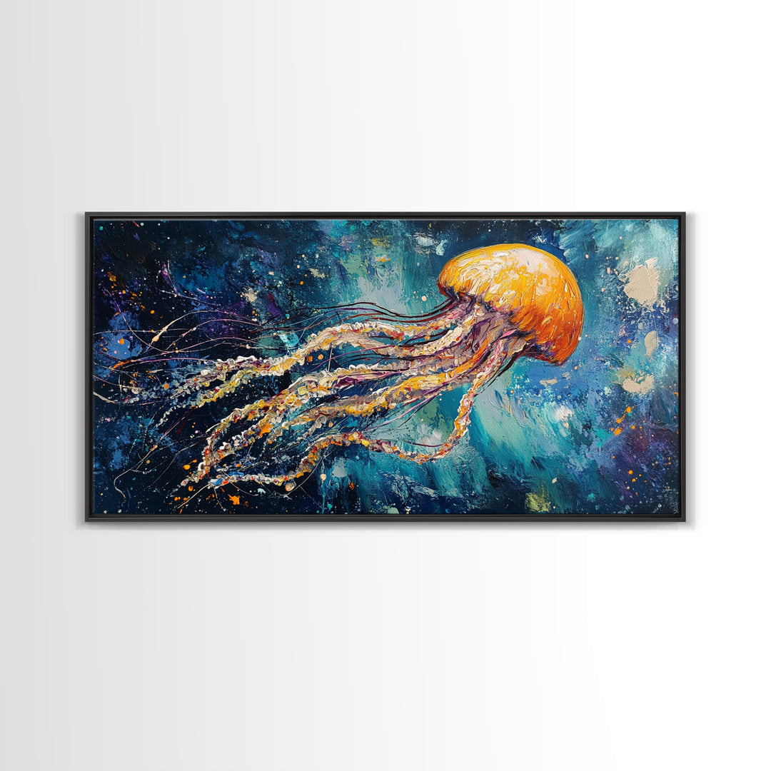 Cosmic Jellyfish, Canvas Print, ocean art, octopus art, dolphin painting, extra wide art, dark romance painting, coastal wall art