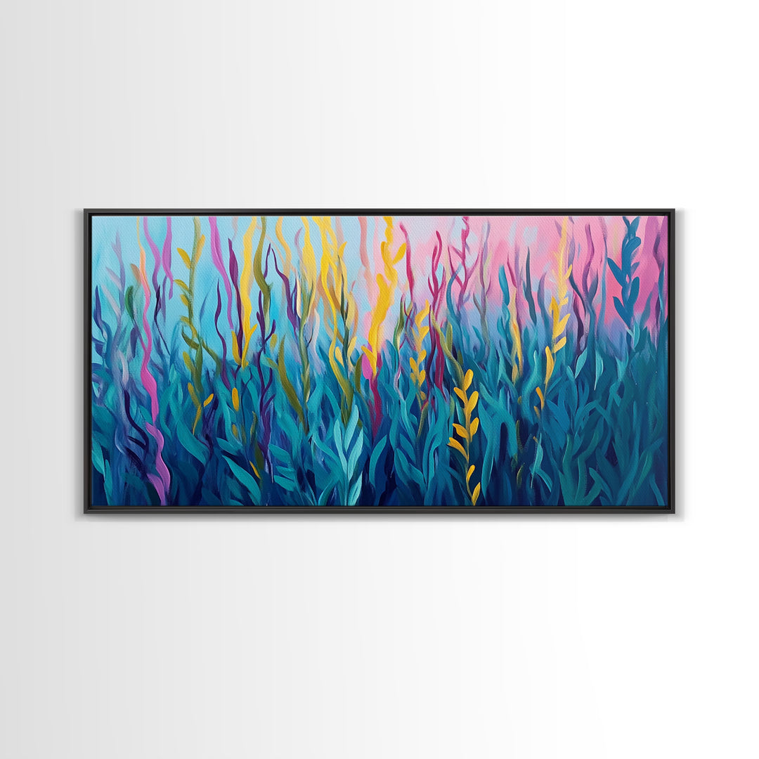 Abstract Seaweed, Framed Canvas Print, ocean art, botanical prints, teal wall art, pink abstract art, extra wide art, coastal decor