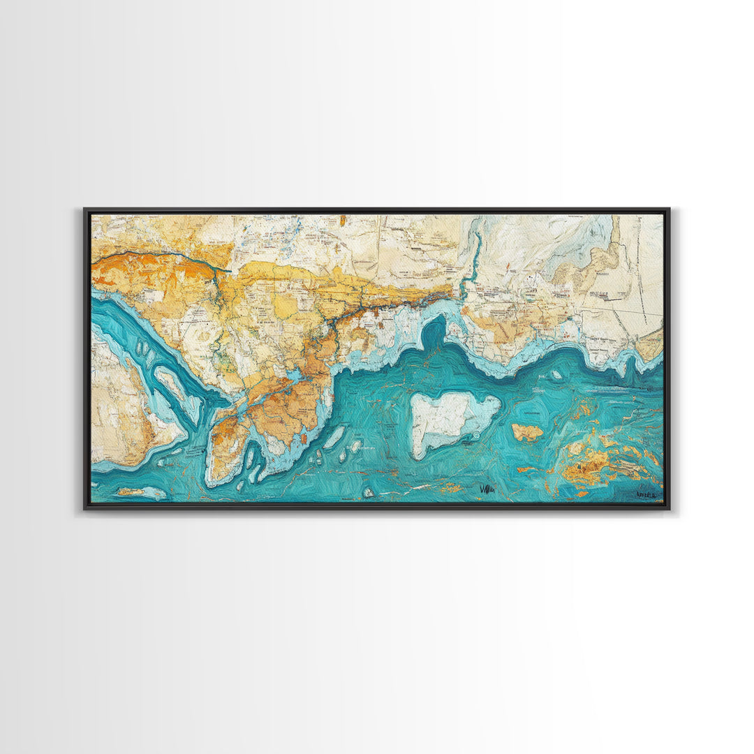 Abstract Map Art, Coastal Decor, Nautical Painting, Extra Wide Art, Framed Canvas Print, Blue and Green Wall Art