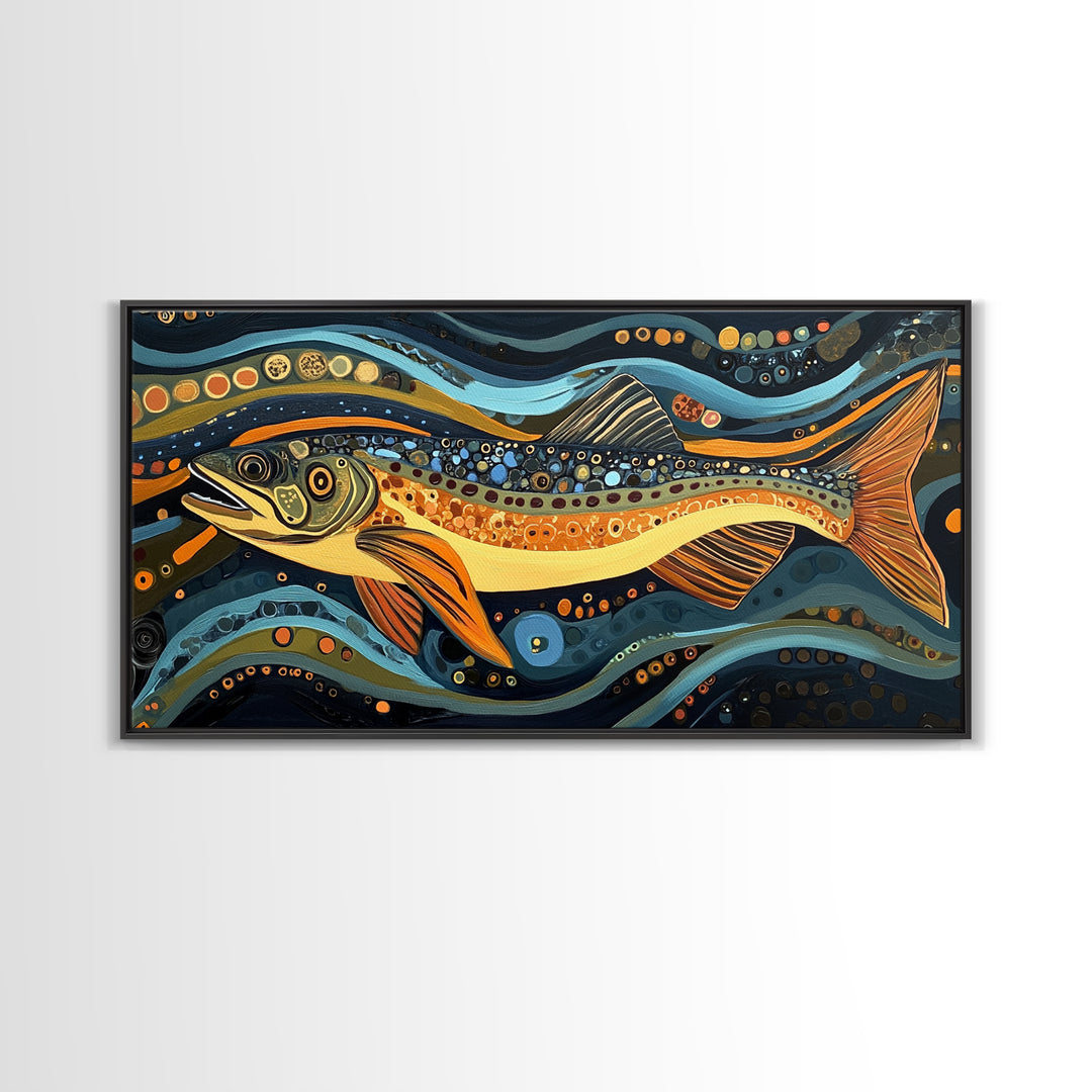 Abstract Trout Art, Fly Fishing Art, Rustic Wall Art, Whimsical Art, Framed Canvas Print, Tall Narrow Art, Living Room Art