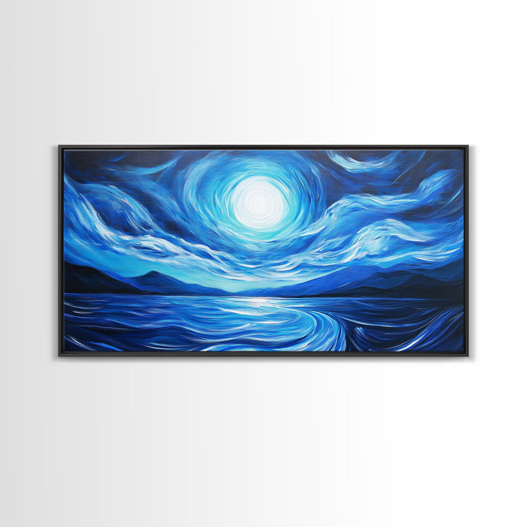 Blue Moon Painting, Moody Art, Nautical Wall Art, Coastal Painting, Framed Canvas Print, Above Couch Art, Extra Wide Art