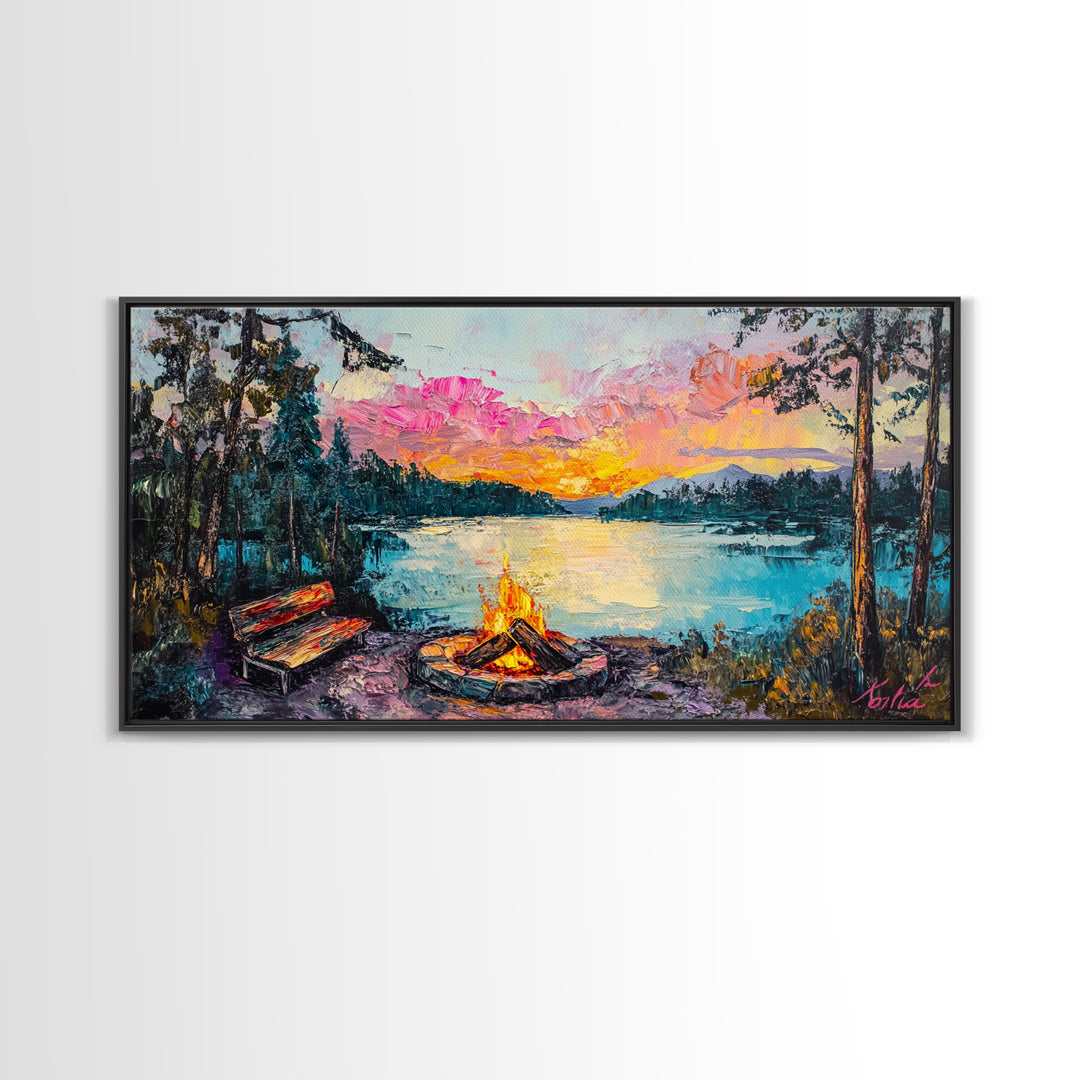Campfire by Lake, Mountain Painting, Landscape Art, Moody Art, Framed Canvas Print, Above Sofa Art, Wabi Sabi Art, Rustic Decor